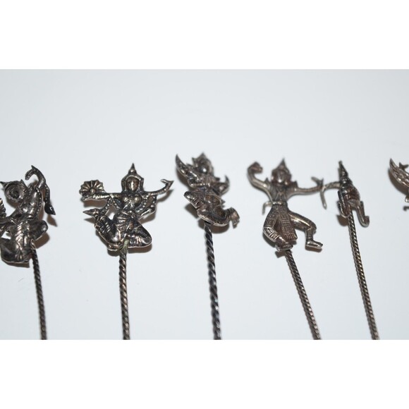 Vtg Silvertone Cocktail Picks Asian Oriental Appetizer Siam Dancer Medieval 12pc - Picture 5 of 10